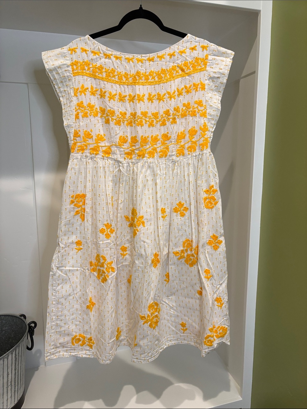 Cotton Boatneck Dress with Yellow Floral Embroidery